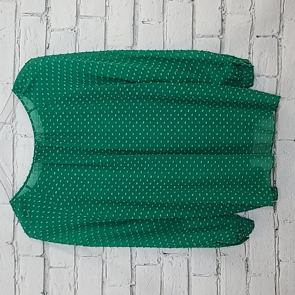 J Crew Flowy Sheer Silk Chiffon Long Sleeve Dot Blouse in Green - Picture 8 of 17